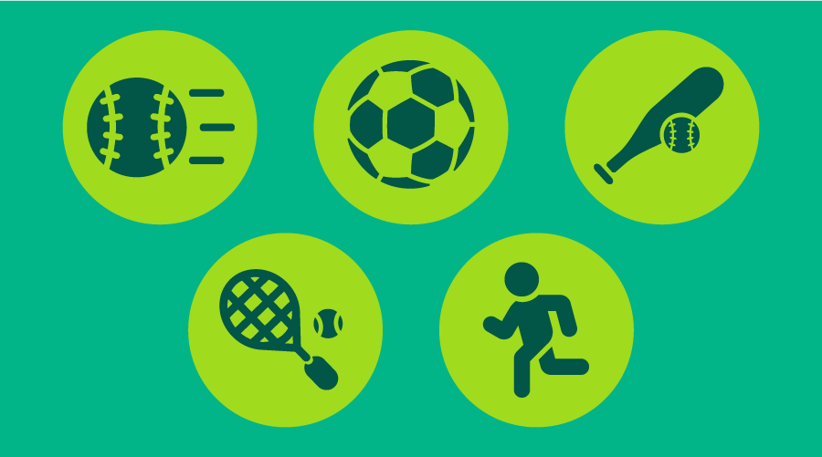 Graphic of spring sports includes a baseball and bat, a soccer ball, a fastpitch softball, a person running in track and field, and a tennis racket