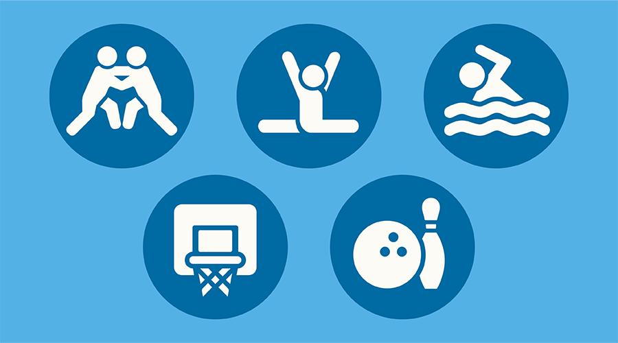 Graphic of winter sports includes a swimmer, a gymnast, wrestlers, a bowling ball and pin, and a basketball hoop